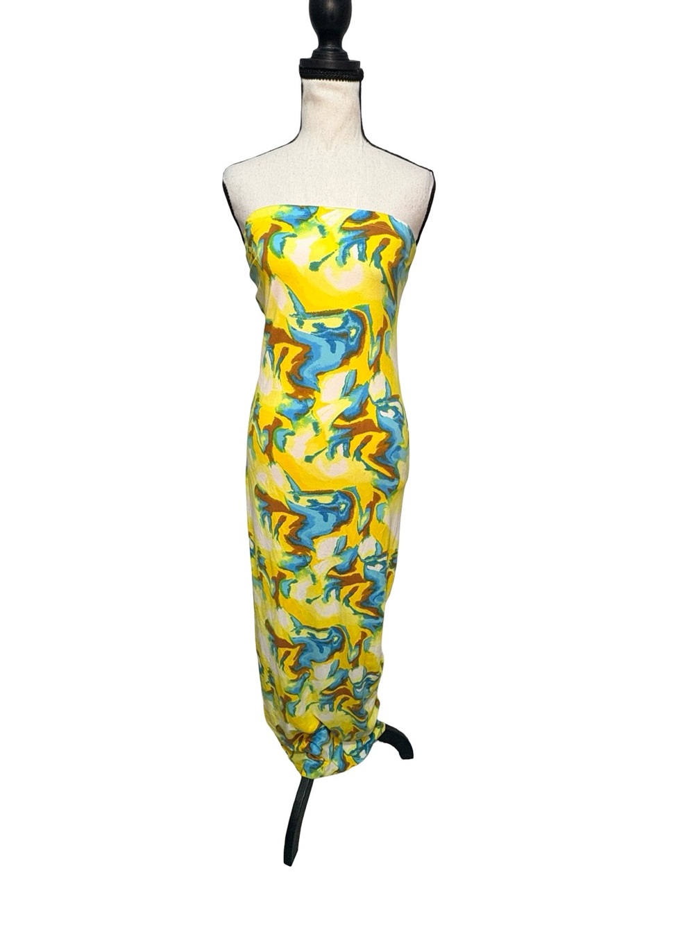 Almost Famous Strapless Abstract Print Maxi Dress Yellow Blue Size M